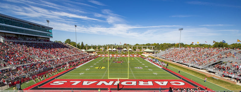Scheumann Stadium in Muncie during a sunny Ball State game, seen from the east stands toward the press box