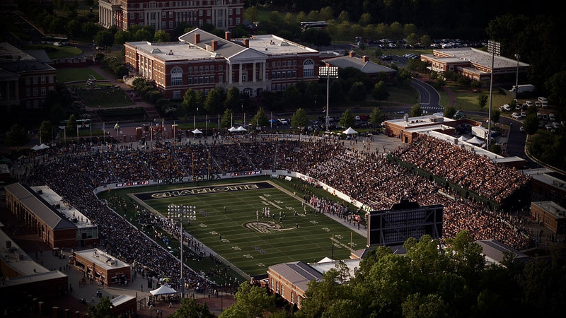 Jerry Richardson Stadium on the UNC Charlotte campus during a game, seen from above
