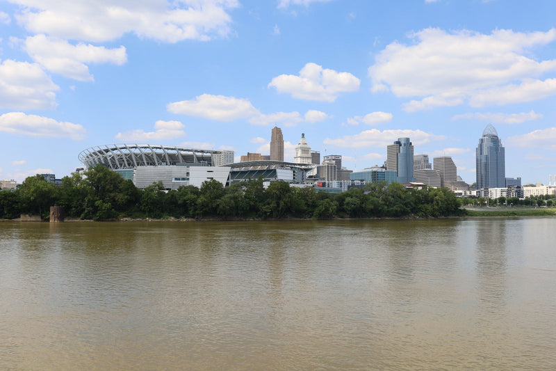 Paycor Stadium and the Cincinnati skyline across the Ohio River