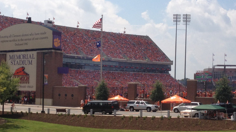 Memorial Stadium in Clemson, South Carolina, with tailgate tents outside on game day