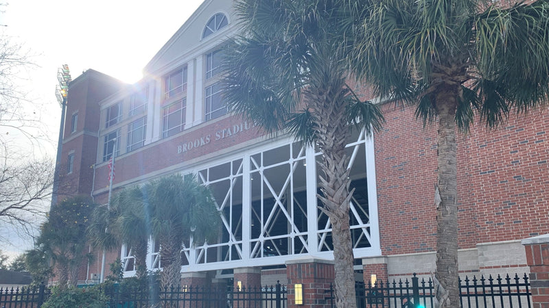 The brick front of Brooks Stadium in Conway, with palm trees along the fence