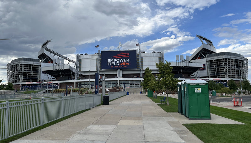 Empower Field at Mile High in Denver, seen from the walkway outside the stadium