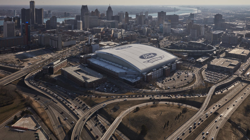 Ford Field from the air, with downtown Detroit and the Detroit River behind it