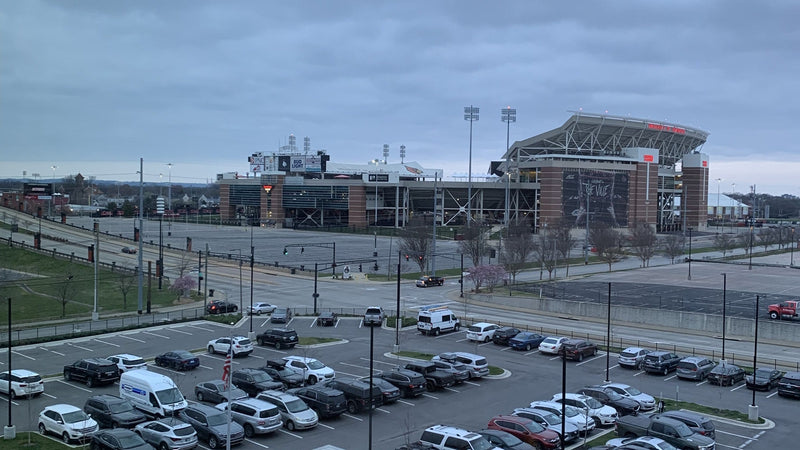 L&N Stadium in Louisville and its surrounding parking lots, seen from a nearby building