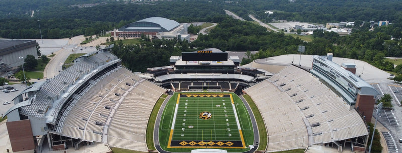 Aerial view of Faurot Field at Memorial Stadium in Columbia, with Mizzou Arena behind it