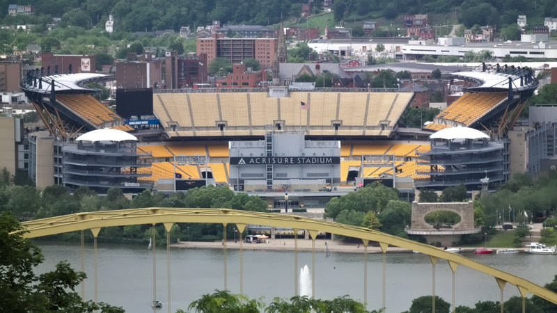 Acrisure Stadium in Pittsburgh, seen from Mount Washington with the Fort Pitt Bridge in front