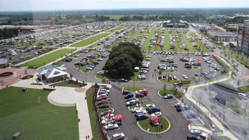 Gamecock Park and the Garnet Way filled with tailgates, seen from Williams-Brice Stadium