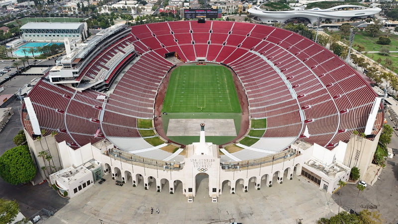 Aerial view of the Los Angeles Memorial Coliseum and its peristyle entrance