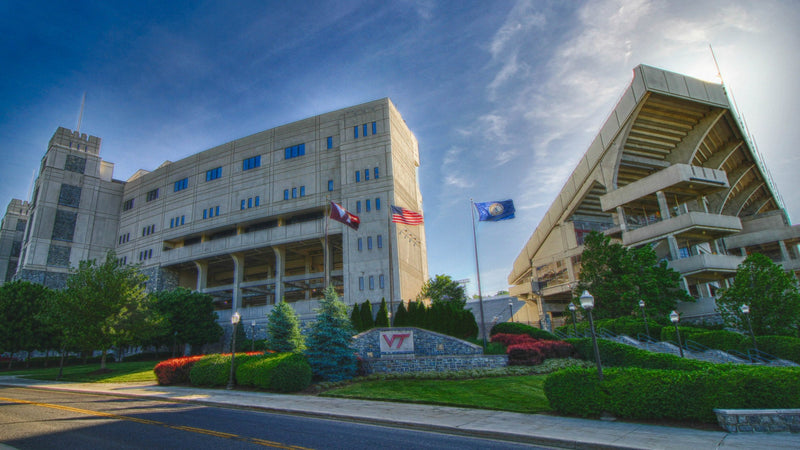 The southwest corner of Lane Stadium from Beamer Way in Blacksburg, Virginia