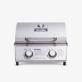 Load image into Gallery viewer, Front view of an all-stainless tabletop grill with a solid lid, lid thermometer and two knobs
