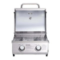 Load image into Gallery viewer, Open grill seen head-on with the lid up, showing grates and the handle on top