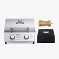 Load image into Gallery viewer, Stainless tabletop grill with a black Monument cover and a brass 1 lb tank adapter