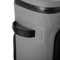 Load image into Gallery viewer, Close-up of a black webbing grab handle on the side of the gray backpack cooler