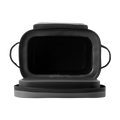 Load image into Gallery viewer, Top-down view into the open gray backpack cooler's empty black insulated main compartment