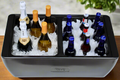 Load image into Gallery viewer, Two-compartment cooler on a wood table, sparkling and white wine on ice in one side, blue beer bottles in the other