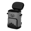 Load image into Gallery viewer, Gray backpack cooler with its top lid flipped open, showing the black insulated lining