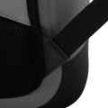 Load image into Gallery viewer, Close-up of a padded black shoulder strap meeting the side of the gray backpack cooler