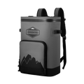 Load image into Gallery viewer, Gray backpack cooler at an angle, with a zip front pocket, mountain graphic and black shoulder straps