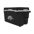 Load image into Gallery viewer, Black hard cooler with a white lid rim and fish logo, seen from the other front corner