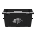 Load image into Gallery viewer, Black hard cooler with a white lid rim and a silver fish logo, straight on from the front