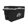 Load image into Gallery viewer, Black hard cooler with a white lid rim, two latches, a silver fish logo and a drain plug, seen at an angle
