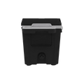 Load image into Gallery viewer, End of the black hard cooler showing a fold-down rope handle and the drain plug