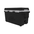 Load image into Gallery viewer, Back corner of the black hard cooler with a tonal fish logo molded into the side