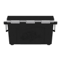 Load image into Gallery viewer, Back of the black hard cooler showing the lid hinges and a tonal molded fish logo