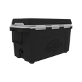 Load image into Gallery viewer, Back corner of the black hard cooler with the drain plug and a molded fish logo