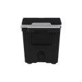 Load image into Gallery viewer, End of the black hard cooler with its fold-down handle and drain plug
