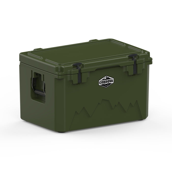 Olive green hard cooler at an angle with the lid closed and a molded side handle showing