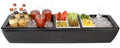 Load image into Gallery viewer, Long black three-section cooler set as a Bloody Mary bar: vodka on ice, bacon, olives, celery, pickled beans, lemons