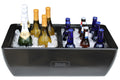 Load image into Gallery viewer, Black two-compartment cooler with white and sparkling wine on ice on one side and beer bottles on ice on the other
