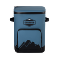 Load image into Gallery viewer, Slate-blue backpack cooler from the front with the lid zipped, on a black background