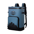 Load image into Gallery viewer, Slate-blue backpack cooler from the front, with a zip front pocket, mountain graphic and black padded straps