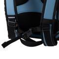 Load image into Gallery viewer, Close-up of the slate-blue backpack cooler's chest strap buckle across the two padded shoulder straps