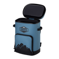Load image into Gallery viewer, Slate-blue backpack cooler with its top lid flipped fully open, showing the black insulated lining