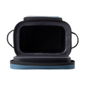 Load image into Gallery viewer, Top-down view into the open slate-blue backpack cooler, an empty black rectangular insulated main compartment