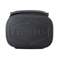 Load image into Gallery viewer, Top of a black backpack cooler lid with a large embossed hexagon Cordova logo