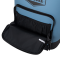 Load image into Gallery viewer, Slate-blue backpack cooler's front pocket unzipped, showing a black mesh sleeve inside