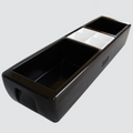 Load image into Gallery viewer, Empty black three-section cooler on gray, with a white divided condiment tray set in the middle compartment