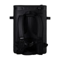 Load image into Gallery viewer, Back of the all-black backpack cooler with both shoulder straps, chest strap and lower tie-down loops