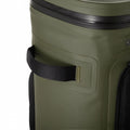 Load image into Gallery viewer, Close-up of a black webbing grab handle on the side of the olive green backpack cooler