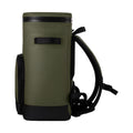 Load image into Gallery viewer, Side view of the olive green backpack cooler showing a side grab handle and the shoulder straps