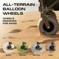 Load image into Gallery viewer, Close-up of a gray balloon wheel on sand, with small photos of it on sand, grass, gravel and mud