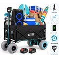 Load image into Gallery viewer, Loaded black wagon beside two 4000mAh batteries, with icons for easy fold, phone charging, 500W motor and handle control