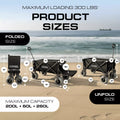Load image into Gallery viewer, Size diagram of the black wagon folded and unfolded on a beach, with measurements and a 260 L capacity label