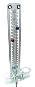 Load image into Gallery viewer, Metal cornhole scorekeeper numbered 1 to 21 with red and blue peg markers and two cup rings at its base