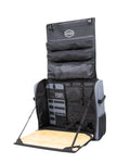 Load image into Gallery viewer, Blue gray kitchen bag fully open, with the lid pockets up and the bamboo board folded out, on white
