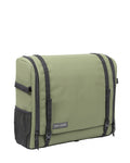 Load image into Gallery viewer, Closed sage green camp kitchen bag with black straps and mesh side pockets, on white